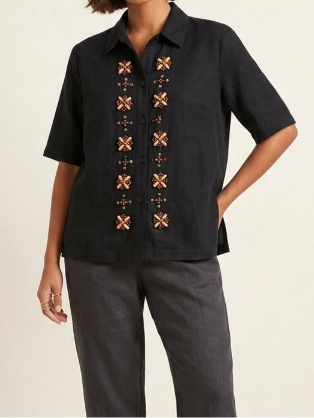 VINTAGE 90’s Linen Blend Beaded Boxy Fit Button Down Top Size 10